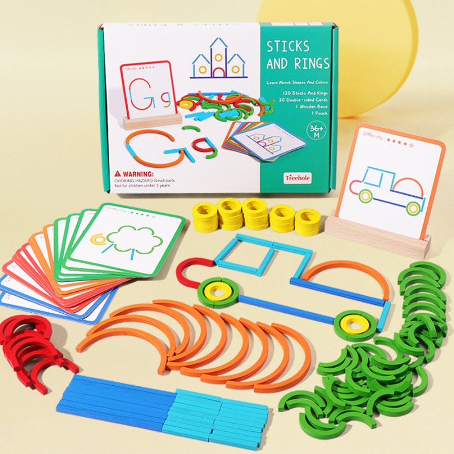 Gymnastic Ring Wood - Früherziehungspuzzlespielzeug für Kinder, kreative Holzringe, Stöcke,
